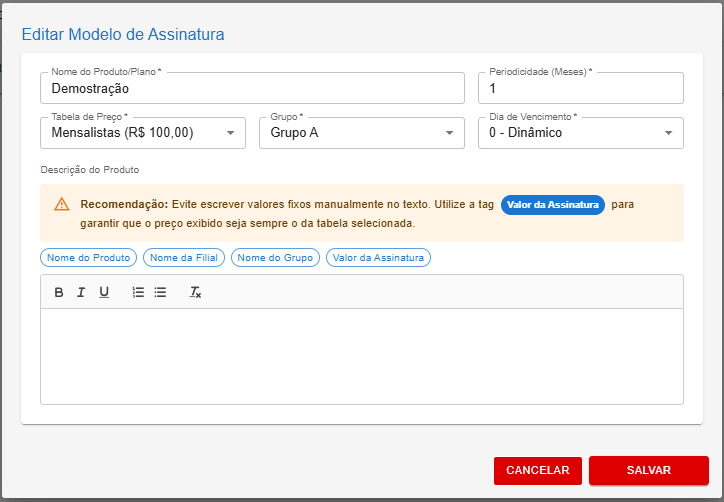 Edição de modelo de assinatura