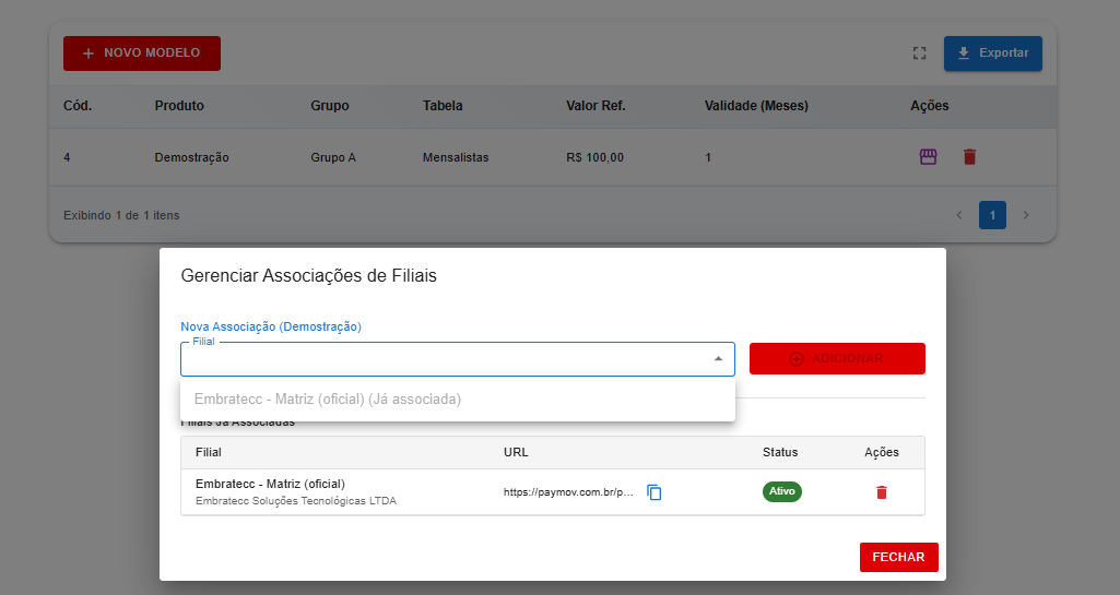 Tela de associação de filiais