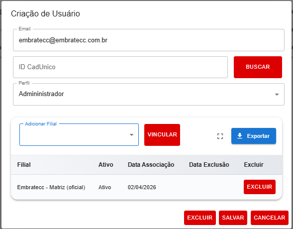Tela de criação e edição de usuários